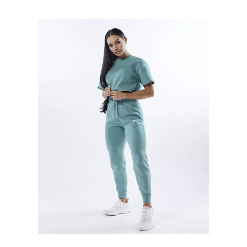 Set 2 Pcs Alphalete Women's ELMTS Short Sleeve Crop & Relaxed Coffed Jogger Teal